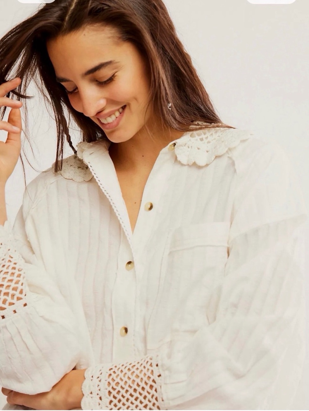 Free People We The Free Rhiannon Crochet Shirt Optic White Combo Small Boho Chic